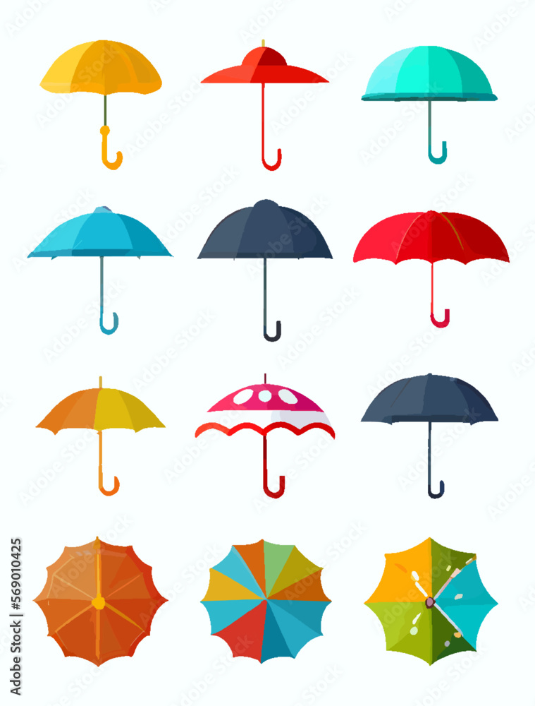 Colorful set of umbrella icons. Cartoon umbrellas isolated on white background. Multicolored umbrellas from rain, water and sun. Umbrella with handle. Yellow, blue, red colors.Flat vector illustration