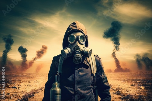 Man with gas mask in the apocalypse world. Digital illustration generative AI