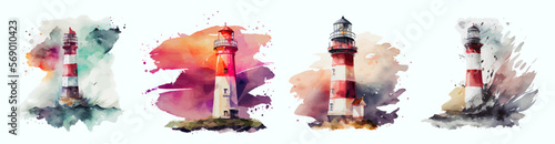 Colorful set of lighthouses in watercolor style isolated on white background. Watercolor lighthouse illustration. A tower with a searchlight on the shore. Ideal for postcard, book, poster, banner photo