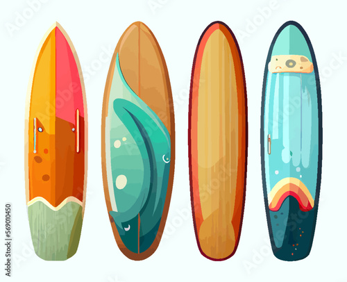 Cartoon Set of surfboards with various bright and unusual patterns. Various surf tables, surfboard collection isolated on white background. Flat style. Cartoon vector illustration