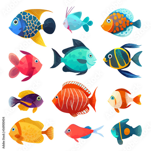 Colorful cartoon set of cute sea fish. Set of freshwater aquarium cartoon fish for print, kids development. Varieties of decorative colored fish, fish flat geometric design. Vector illustration