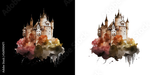 Medieval castle in watercolor style isolated on white and black background. Fairytale historical castle. Castle watercolor illustration. Ideal for postcard, advertisement, book, poster, banner. Vector