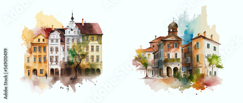 Colorful buildings in a watercolor style isolated on a white background. Watercolor illustration of a European city. Travel, cozy streets. Design for postcard, book, poster, banner.Vector illustration