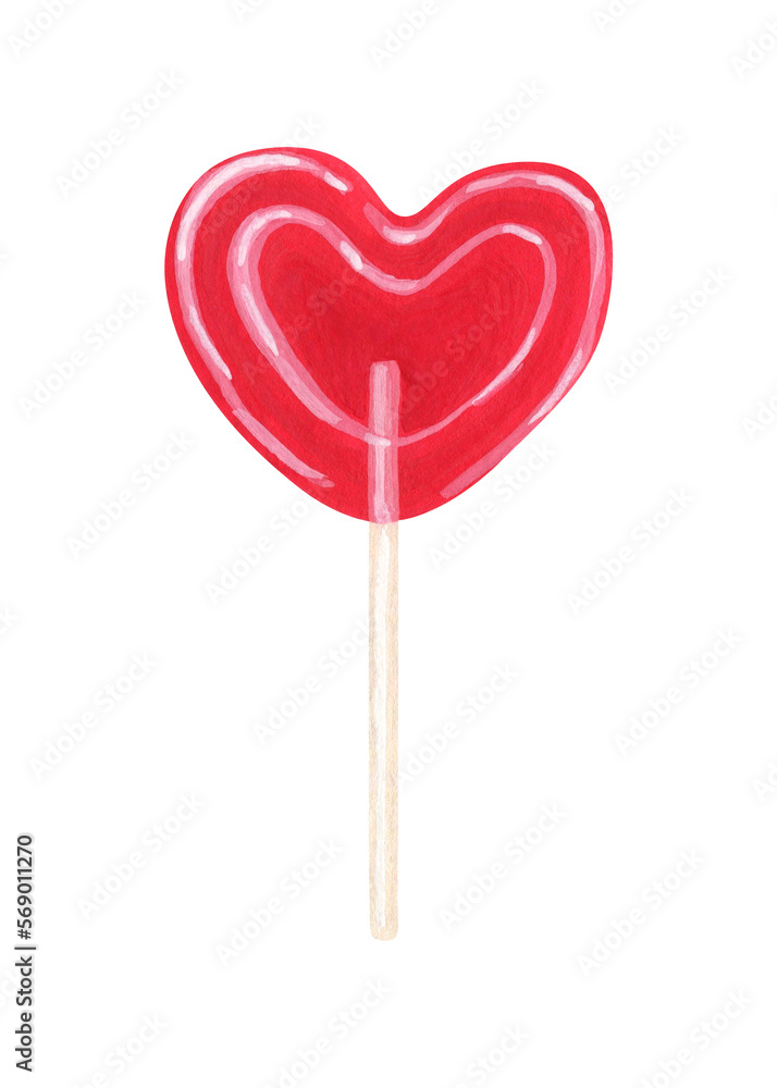 Isolated watercolor and gouache elements. Lollipops in the form of a heart on a stick. Symbols of Valentine's day. Painting. Color illustration. The print is used for packaging design, fabric. Isolated watercolor and gouache elements. Lollipops in the form of a heart on a stick. Symbols of Valentine's day. Painting. Color illustration. The print is used for packaging design, fabric.