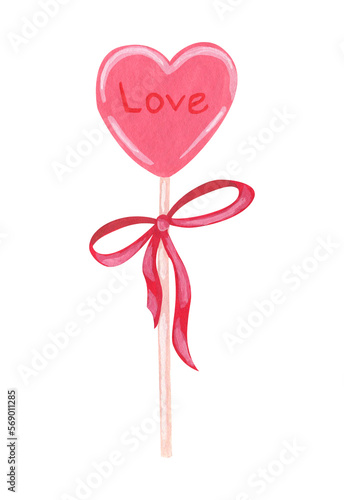 Isolated watercolor and gouache elements. Lollipops in the form of a heart on a stick. Symbols of Valentine's day. Painting. Color illustration. The print is used for packaging design, fabric.
