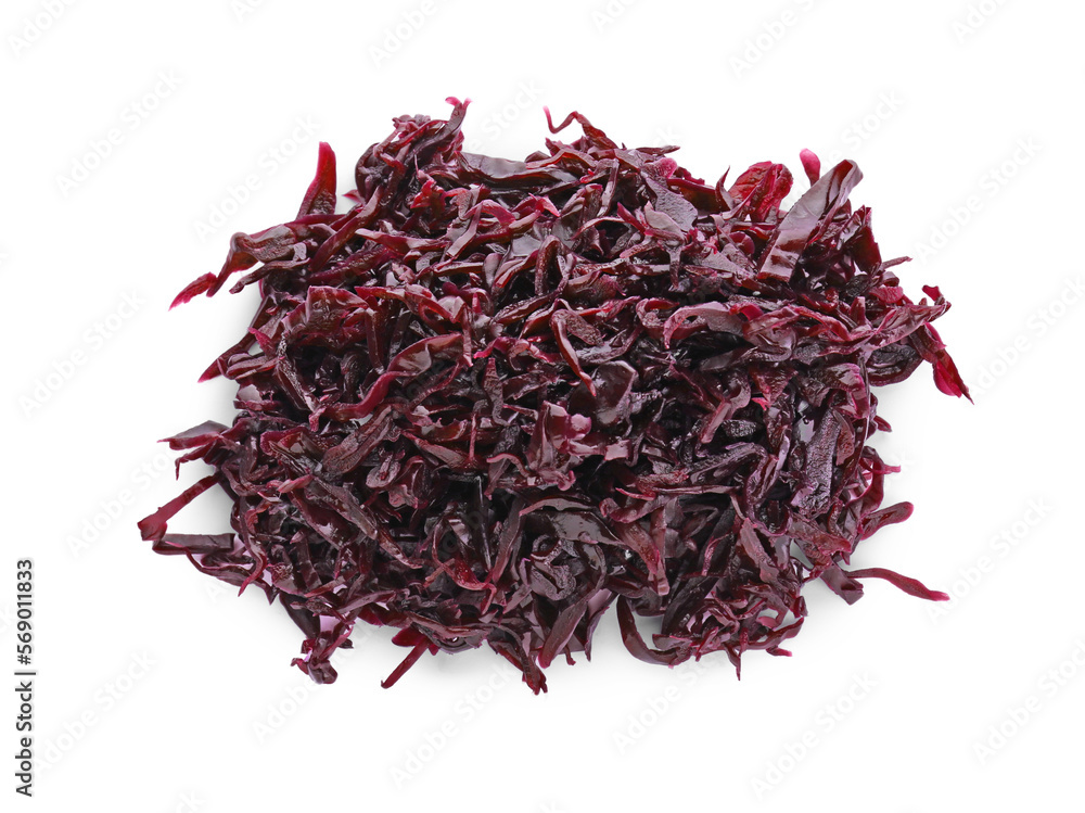 Fototapeta premium Tasty red cabbage sauerkraut isolated on white, top view