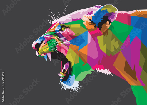 colorful lion head on pop art style isolated with black backround