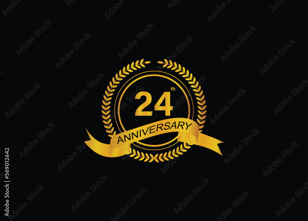 Naklejka premium 24th golden anniversary logo with ring and ribbon, laurel wreath vector design isolated on black background.