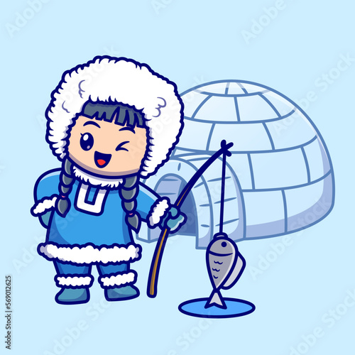 Cute Girl Fishing In Pole Cartoon Vector Icon Illustration. 
People Nature Icon Concept Isolated Premium Vector. Flat 
Cartoon Style