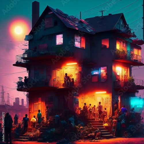 shelter house and people crowd at sci-fi neon city   generative art by A.I.