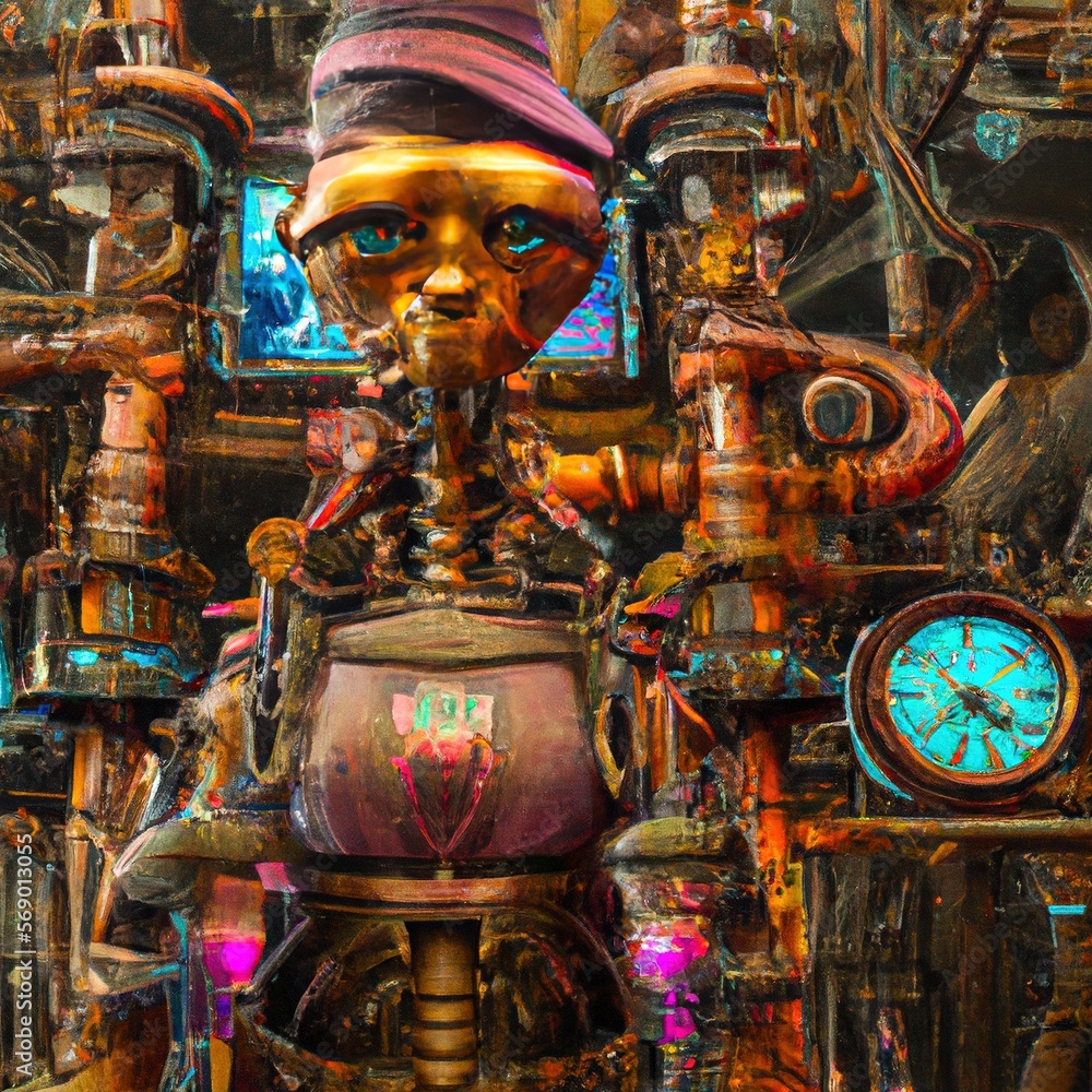 Fototapeta premium Copper steampunk robot working in an engine or boiler room with pipework and dials in the background. Generative AI art style illustration.