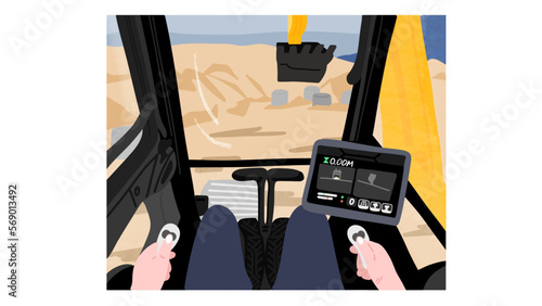 Excavators at construction sites equipped with smart sensors - worker is controlling excavators while looking at tablets