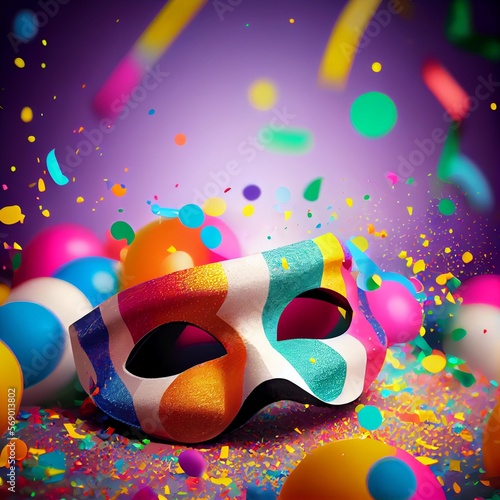 Carnival background with mask, serpentine and confetti. Happy Purim realistic festive party composition. Generative AI © Lucia Fox