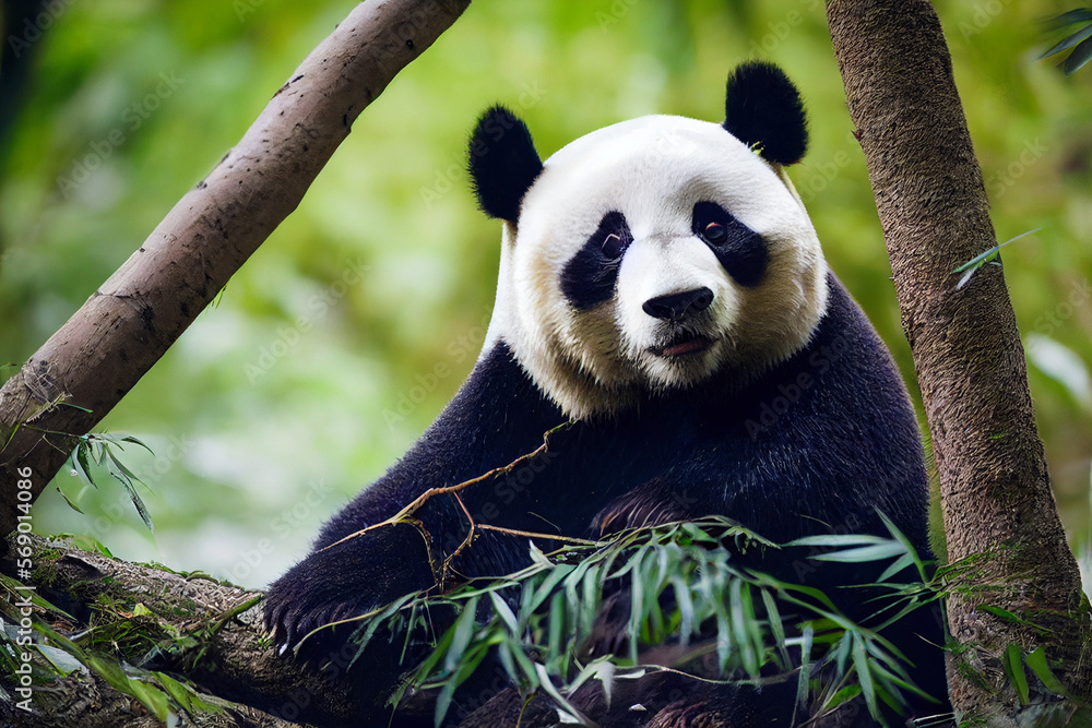 Fototapeta premium black and white panda on the background of green bamboo leaves, generative AI