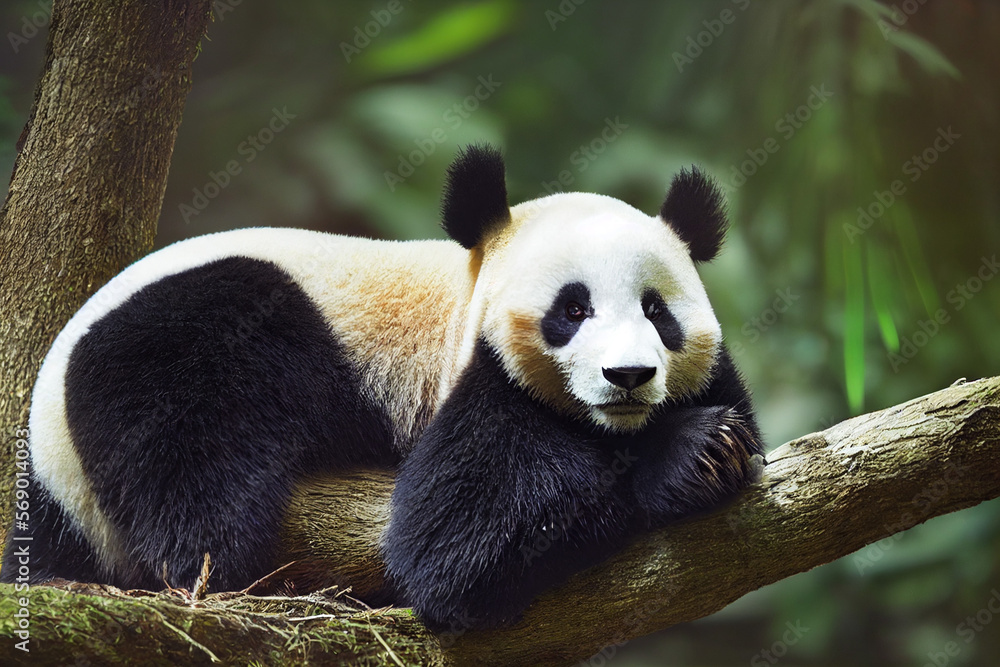 black and white panda on the background of green bamboo leaves, generative AI