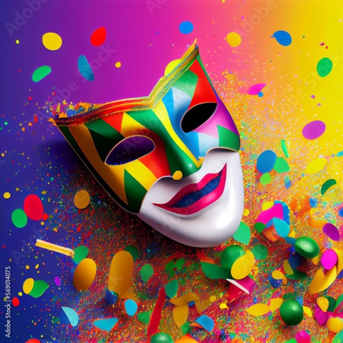 Carnival background with mask, serpentine and confetti. Happy Purim realistic festive party composition. Generative AI photo