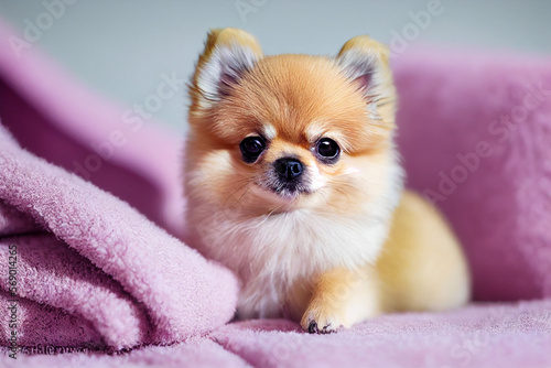 cute pomeranian small puppy is lying on pink blanket, generative AI