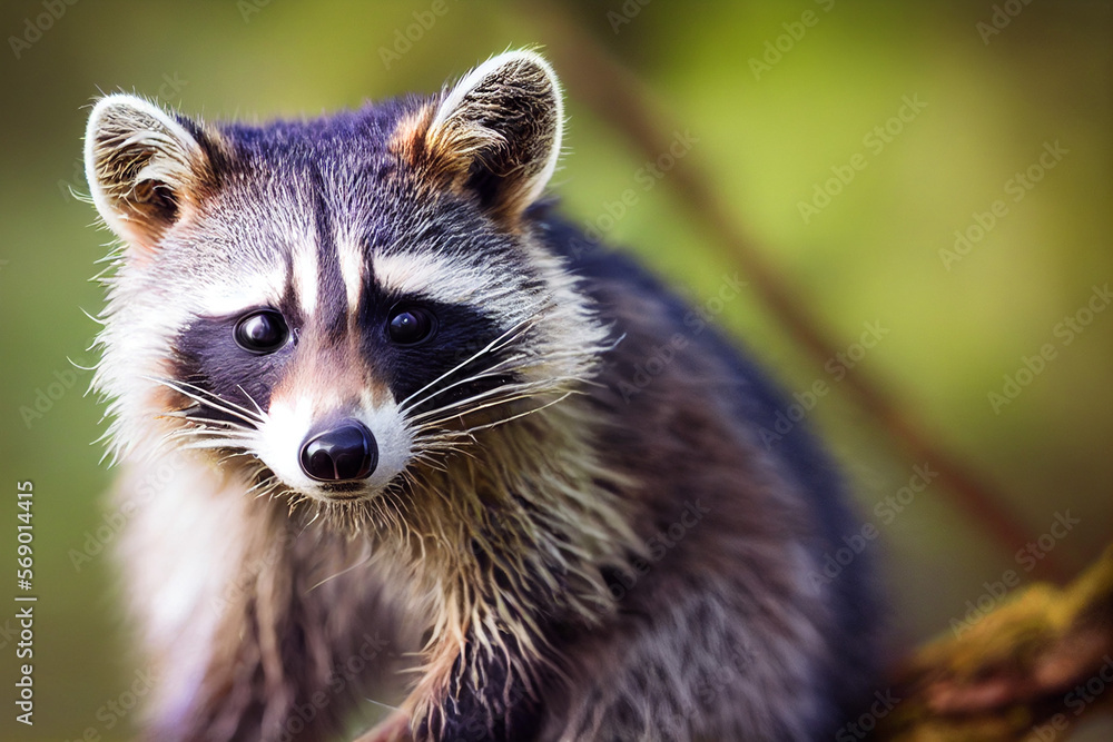 raccoon on the background of green nature, generative AI