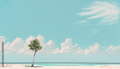 Tropical beach with blue sky and white clouds painting. Summer holiday and travel vacation concept. Generative AI.