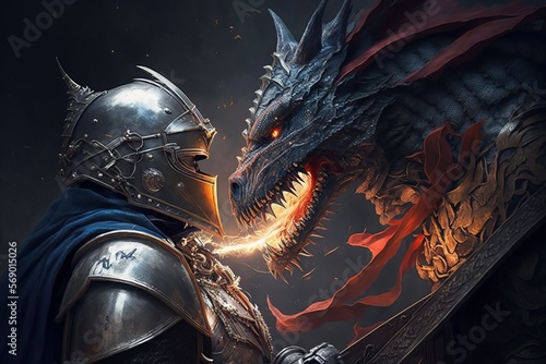 Fotografia Knight fighting Dragon. Generative AI