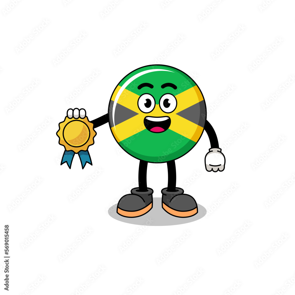 Fototapeta premium jamaica flag cartoon illustration with satisfaction guaranteed medal