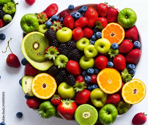 fresh fruits and berries on a dark background. top view. free space for your text.