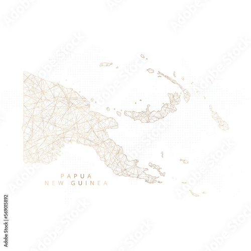 Low poly map of Papua New Guinea. Gold polygonal wireframe. Glittering vector with gold particles on white background. Vector illustration eps 10.