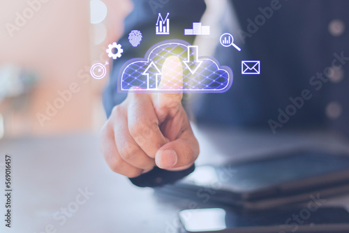 Hand touching hologram login cloud processing for modern business technology digital concept icon photo