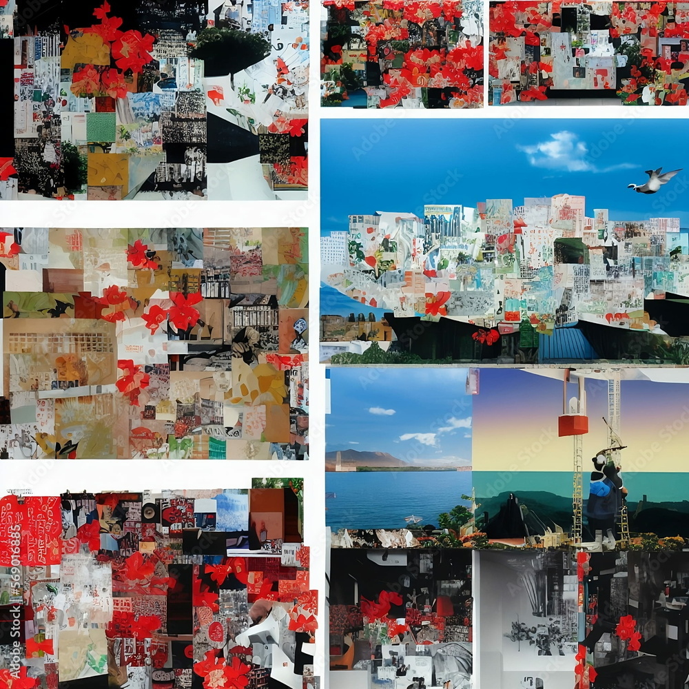 Expressive, exciting collage, in the style of Japanese artists, fantasy, generated in AI