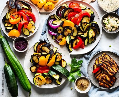 grilled vegetables with herbs and spices on a white plate. top view.