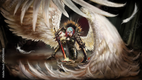 A warrior angel in golden spiked armor and with a holy sword in her hand, landed on the ground, snow-white wings grow from her back. Digital drawing style, 2D illustration