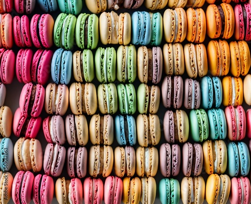 different colored macarons with a white and yellow macaroon with mint in the background. top view.