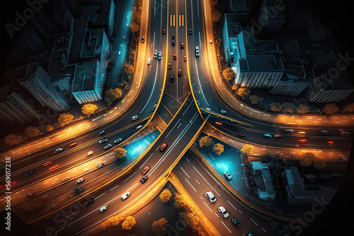 Fotografiet Expressway top view, Road traffic an important infrastructure, car traffic trans