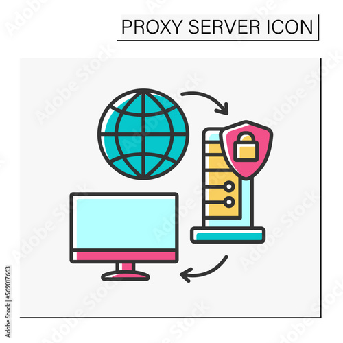 Computer network color icon. Secure computer. Protect data due to the server. Safety connected to internet. Proxy server concept. Isolated vector illustration