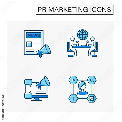 PR marketing color icons set. Newspaper, press conference, marketing, content manager. Social media concept. Isolated vector illustrations