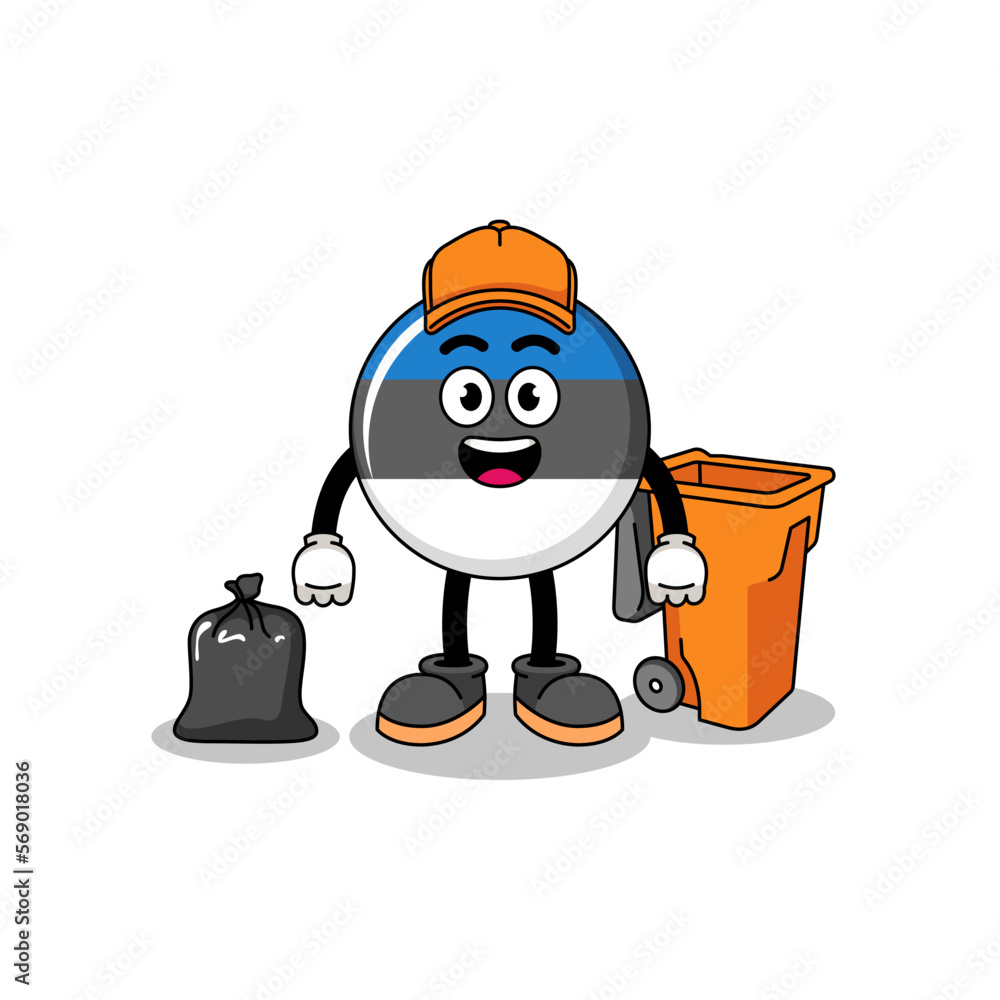 Illustration of estonia flag cartoon as a garbage collector