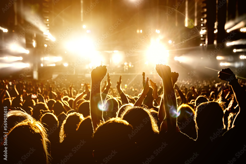 The crowd in a fan zone in a concert hall. Raised hands during a music show.