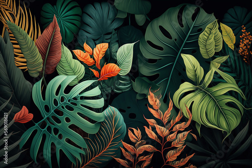 A lush tropical leaves background. Generative AI