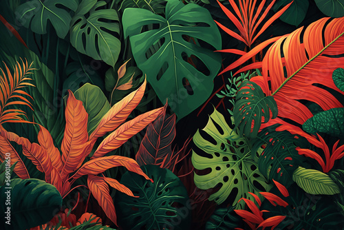Tropical leaves background. Vibrant display of exotic foliage. Generative AI