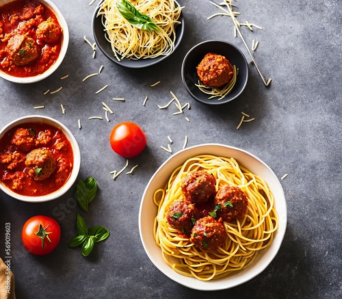 italian pasta bolognese sauce on plate, top view. space for your text