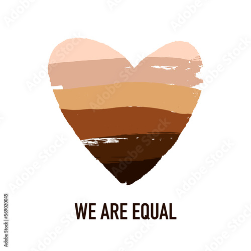 International Day for the Elimination of Racial Discrimination. Inscription - We are all equal. Heart in different colors of human skin. Vector illustration