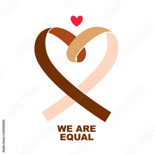 Inscription - We are all equal. Ribbon in the shape of a heart in different colors of human skin. International Day for the Elimination of Racial Discrimination.