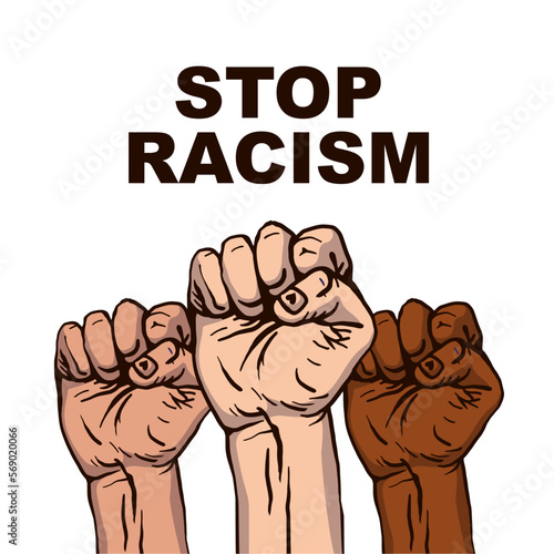 Stop racism. Three hands, clenched into a fist, of different skin colors. International Day for the Elimination of Racial Discrimination. Vector illustration