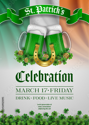 saint patrick's day poster with green beers, horseshoe and clovers