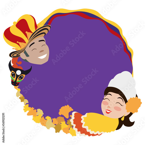 Button with Momo King and Barranquilla's Carnival Queen faces, Vector illustration photo