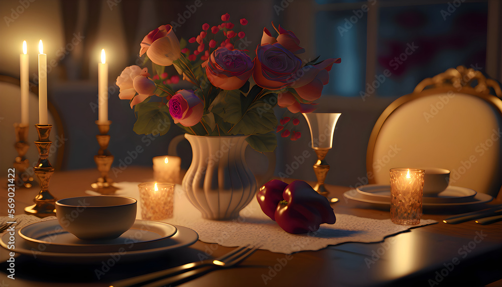 Romantic dinner, valentine dinner, roses, generative ai