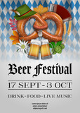 Oktoberfest poster with pretzel and beer mugs. Beer festival background