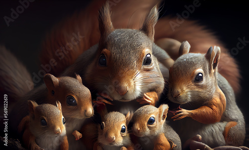 portrait of a squirrel family, generative ai photo