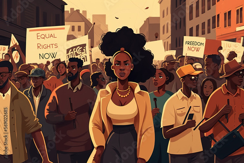 Social protest of African-American people on the street. Black history month, Generative AI illustration