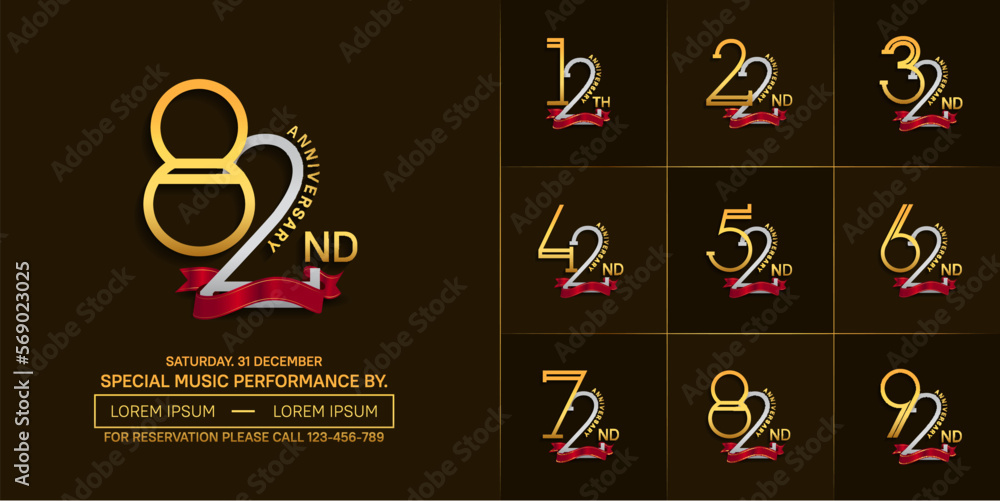 set of anniversary silver and golden color with red ribbon for special celebration event set of anniversary silver and golden color with red ribbon for special celebration event